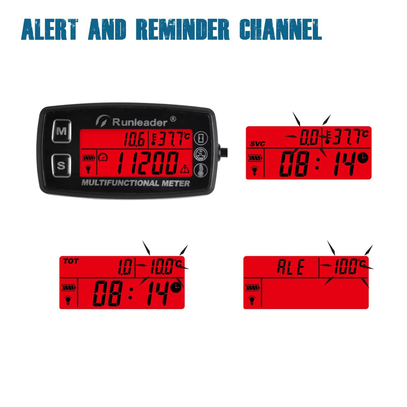 Runleader Digital Tach Hour Meter,Engine Water Oil Temperature Gauge,Alert RPM & Temp,Backlights Display for Lawn Tractor Compressor Generator Snowmobile Marine Jet Ski Pit Bike (RL-HM035A-TS001) RL-HM035A-TS001