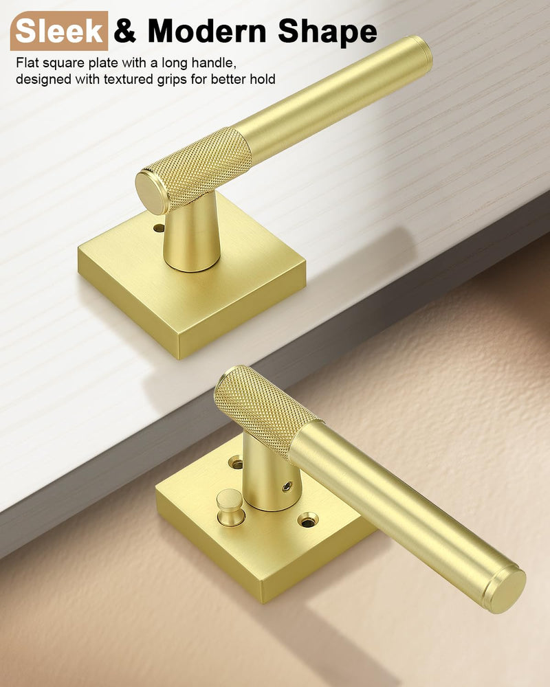 Probrico Brushed Gold Privacy Door Handle Interior, Knurled Keyless Locking Square Door Lever Handles, Reversible for Bathroom and Bedroom, 1 Pack