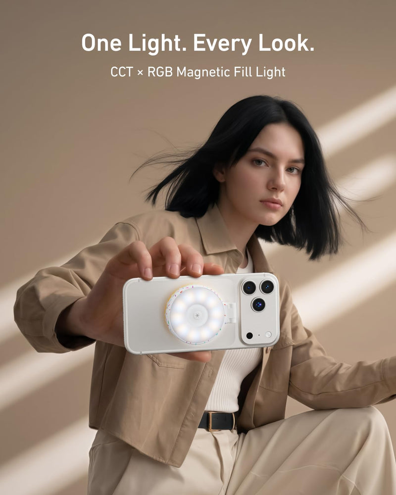 TELESIN Magnetic Selfie Light for iPhone Magsafe and Android | 360° Rotating Full Color RGB Phone Light with Mirror & Stand, LED Selfie Ring Fill Light for Pictures, TikTok, Vlog, Makeup