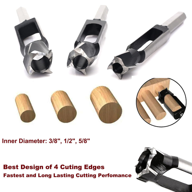 3PCS Wood Plug Cutters Set, Wood Tenon Maker Dowel Pocket Hole Plug Cutters, Woodworking Drill Bit, Suiatble for Making 3/8" 1/2" 5/8" Wood Dowel Pins- (Wood Plug Cutters) 3PCS Wood Plug Cutter