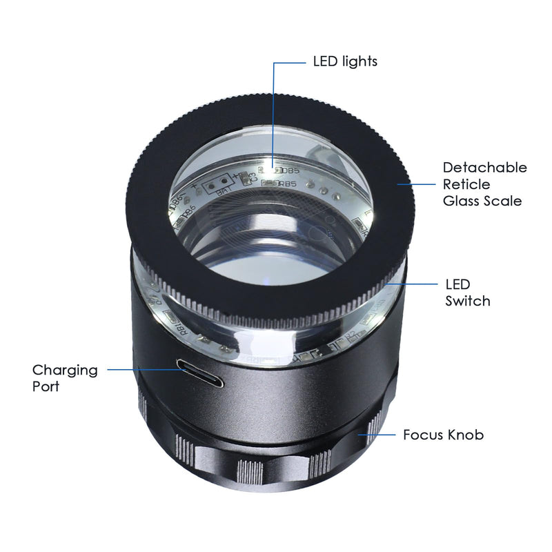 15X Jewelers Loupe with Light USB Rechargeable Metal Loupe Magnifier with Detachable Reticle Scale, 25mm Field of View, Adjustable Focus Eye Loupe Jewelry Magnifying Glass for Gems, Coins, Watches