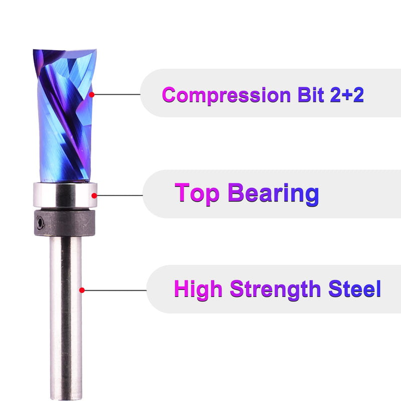 Template Top Bearing Compression Flush Trim Router Bit 1/4" Shank 1/2" Cutting Diameter 1" Cut Height Pattern and Mortising Flush Cut Trim Bit for Woodworking Trimming 1/2" Dia, 1" Height, 1/4 Shank