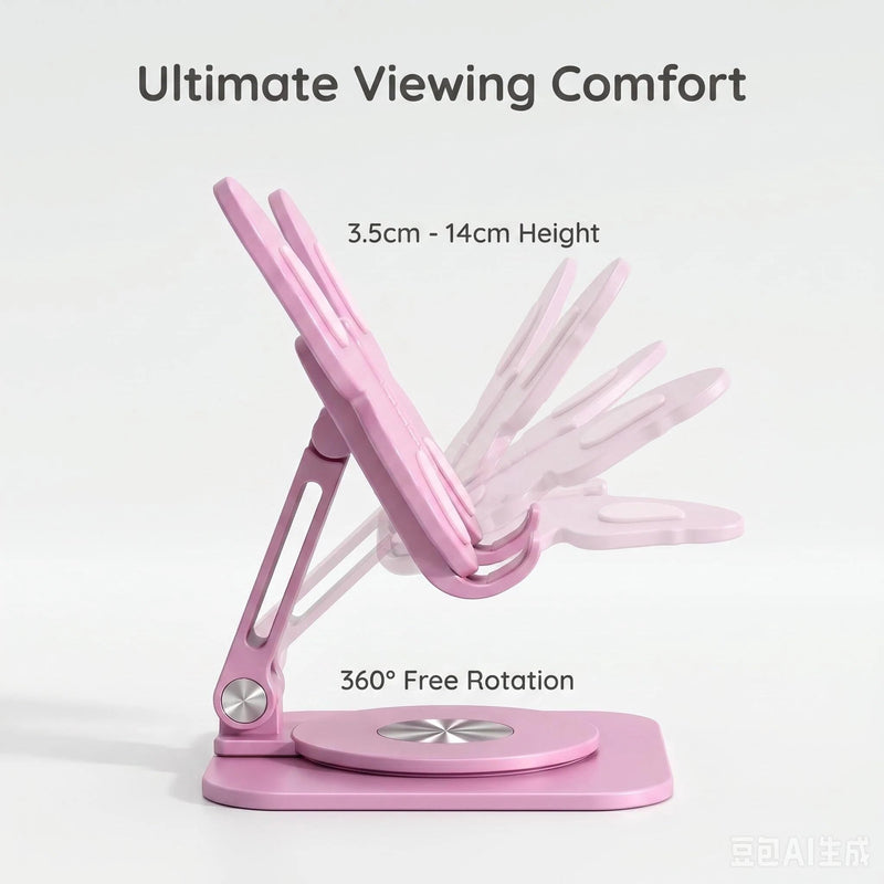 Butterfly Cell Phone Stand for Desk, Aluminum Alloy 360° Rotating Phone Holder, Height & Angle Adjustable Foldable Desktop Dock, Universal Anti-Slip for Smartphones Tablets Home Office Travel Pink
