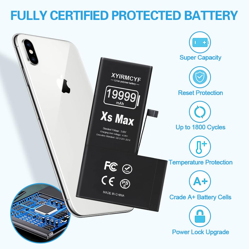 19999mAh Super Capacity Battery Compatible with iPhone Xs MAX, 0 Cycle Li-Polymer Replacement Battery for iPhone Xs MAX, with Professional Repair Tool Kit XS MAX-19999