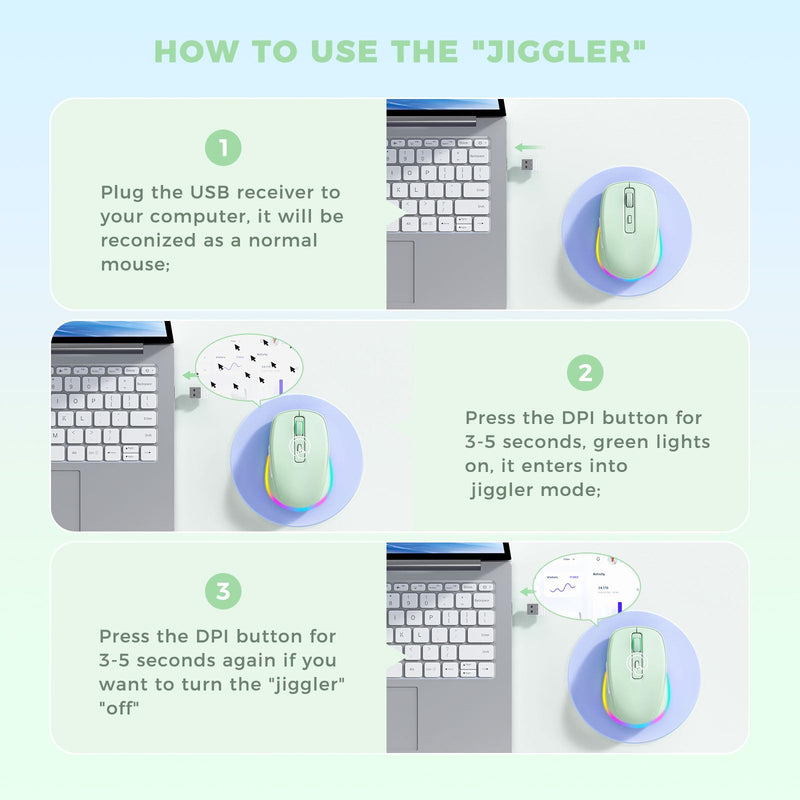 PEIOUS Wireless Mouse Jiggler - LED Wireless Mice with Build-in Mouse Mover, Rechargeable Moving Mouse for Laptop with Undetectable Random Movement Keeps Computers Awake-Light Green Light Green