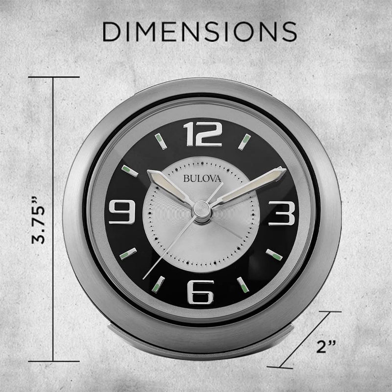 Bulova - 3.75" W x 3.75" H B5027 Lite Night Alarm Clock | Brushed Silver-Tone Case | Illuminated Dial | Luminous Hands | Quiet Sweep | Snooze Function