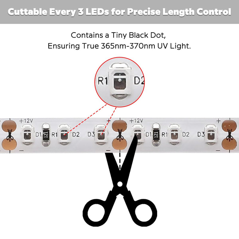 IP65 Waterproof 365nm Ultraviolet LED Strip Light, 12V 16.4FT 8MM High Density LED UV Black Light Strip for Fluorescence Detection and Glue Curing in Damp Environments (2835 600LEDs IP65) 2835 600LEDs IP65