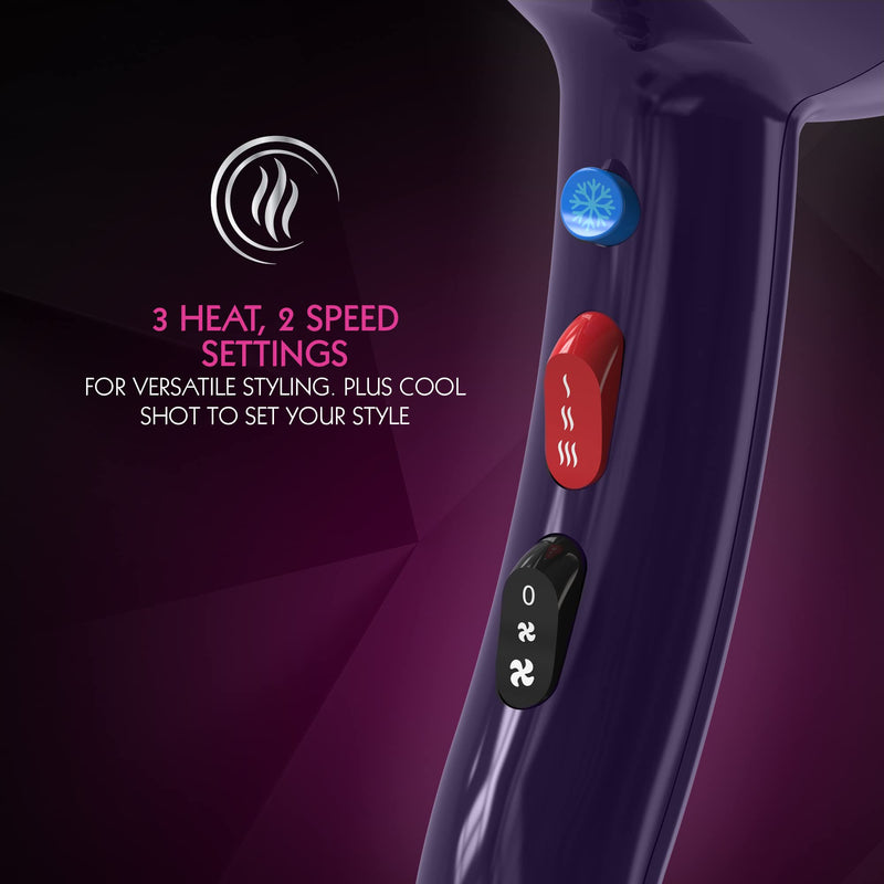 Wahl Ionic Style Hairdryer in Purple, Hairdryers for Women, Hair Dryer with Attachments, Adjustable Temperature, Three Heat Settings, Two Speed Settings, Fast Drying