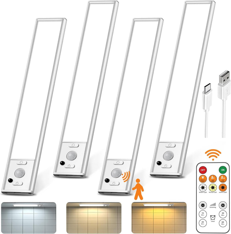 Under Cabinet Lighting with Remote Control,USB Rechargeable 180 Lumen LED Motion Sensor Light Indoor,Wireless Under Counter Light,3 Color Dimmable Closet Light for Bedroom,Wardrobe,Stairs,4 Pack White-9 Inch 4 Pack