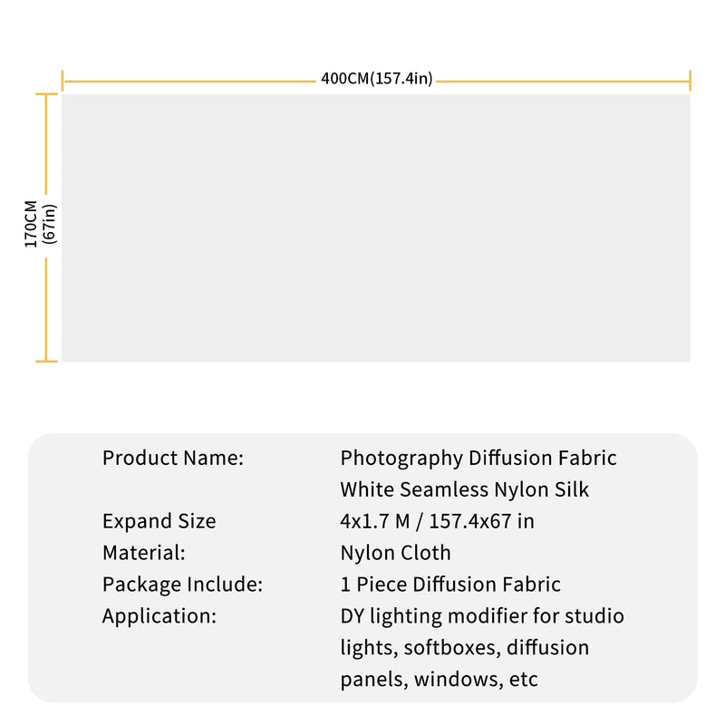 Meking Diffusion Fabric Light Silk White Seamless Nylon 4.3 x 1.8 Yard /4 x 1.7M Foldable Diffusion Sheet for Light Tent, Strobe Light, Lighting Light Modifier and Other Photographic Equipment 4 Yard x 67 Inch