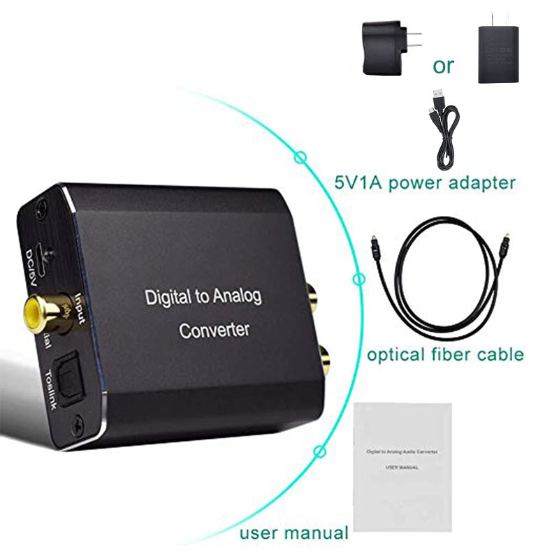 Digital to Analog Audio Converter, Hdiwousp 192 kHz DAC Digital Coaxial and Optical Toslink to Analog 3.5mm Jack and RCA (L/R) Stereo Audio Adapter with Optical Cable for HDTV Home Cinema, Aluminum