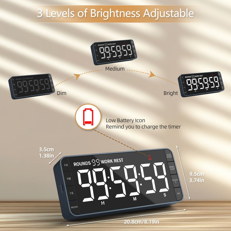 7.8'' Extra Large LED Kitchen Timer: 99H Countdown Countup with 3 Brightness, 5 Alarms & 4 Volume Levels, Magnetic Rechargeable Timer for Cooking, Classroom, Home Gym Navy Blue