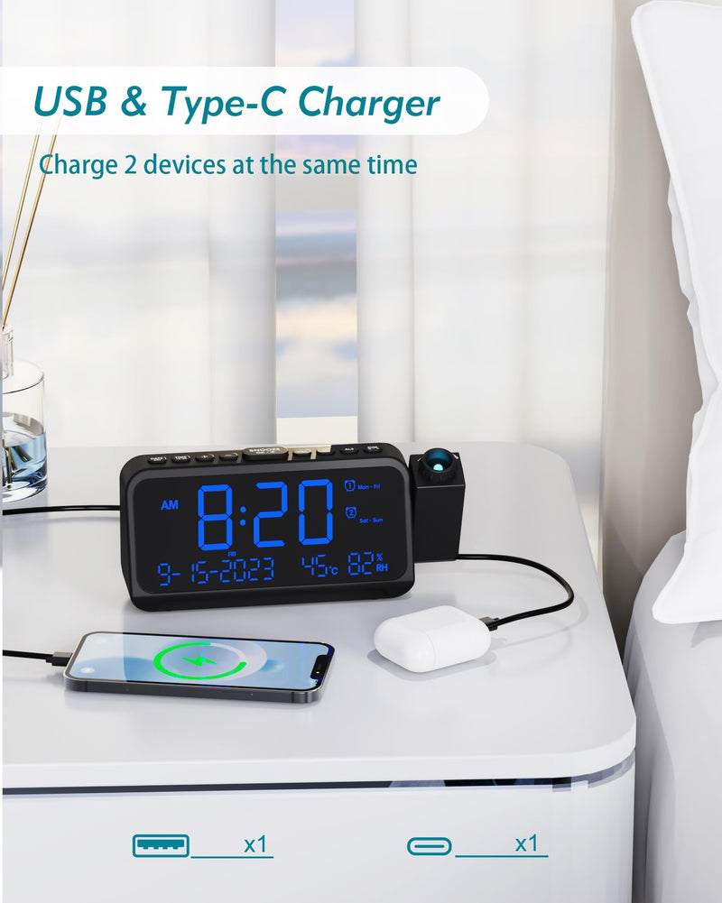 Roxicosly Projection Alarm Clock for Bedroom Ceiling, 118 dB Super Loud for Heavy Sleepers, 6.7" Large Digital Dimmable Display with Day Date Indoor Temp Humidity, Dual Alarms Adjustable Volume Blue Digit+blue Projection