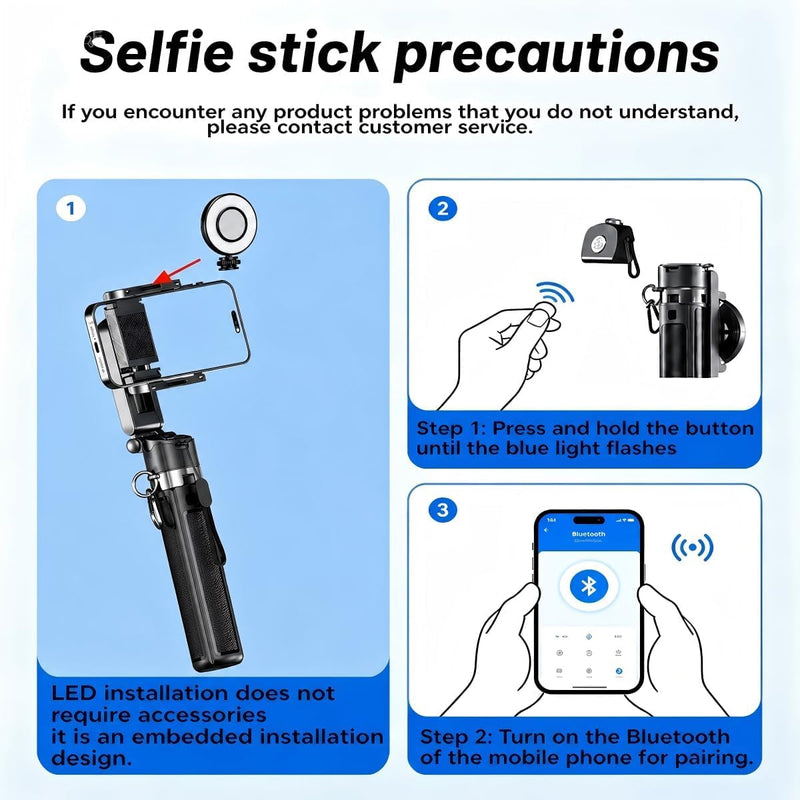 6-in-1 Magnetic Mini 20.5'' Selfie Stick for iPhone with LED Light. Can Converts into Mini Tripod/Phone Camera Grip/Handheld Stabilizer/Phone Stand. Selfie Stick with Rechargable Remote