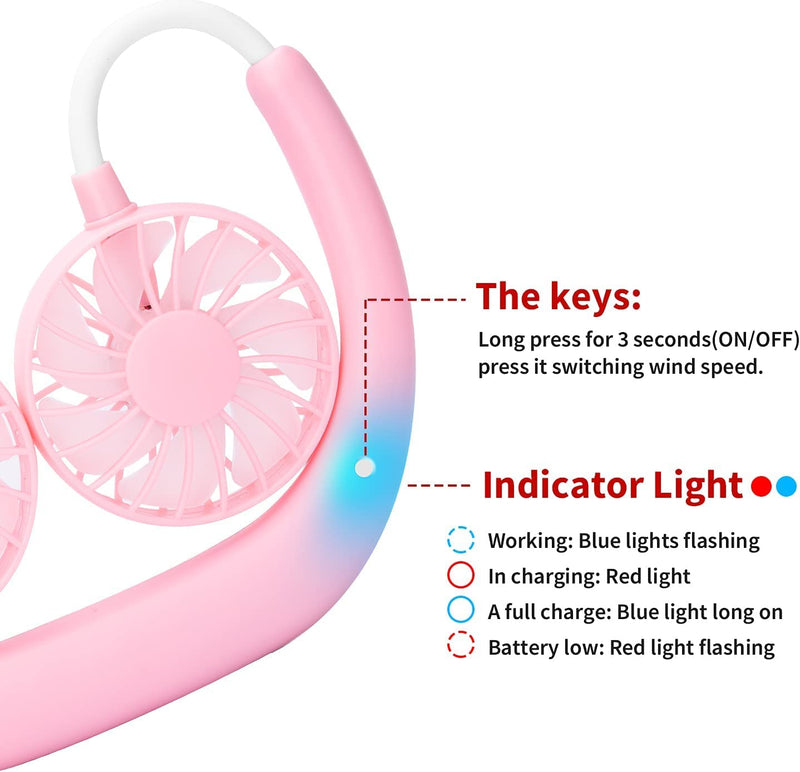 Portable Neck Fan Rechargeable Personal Hand-Free Fan Mini USB Wearable Neckband Sport Fan, 3 Speed Adjustable, 360 Degrees Free Rotation Perfect for Working, Traveling, Office, Reading (Pink) Pink