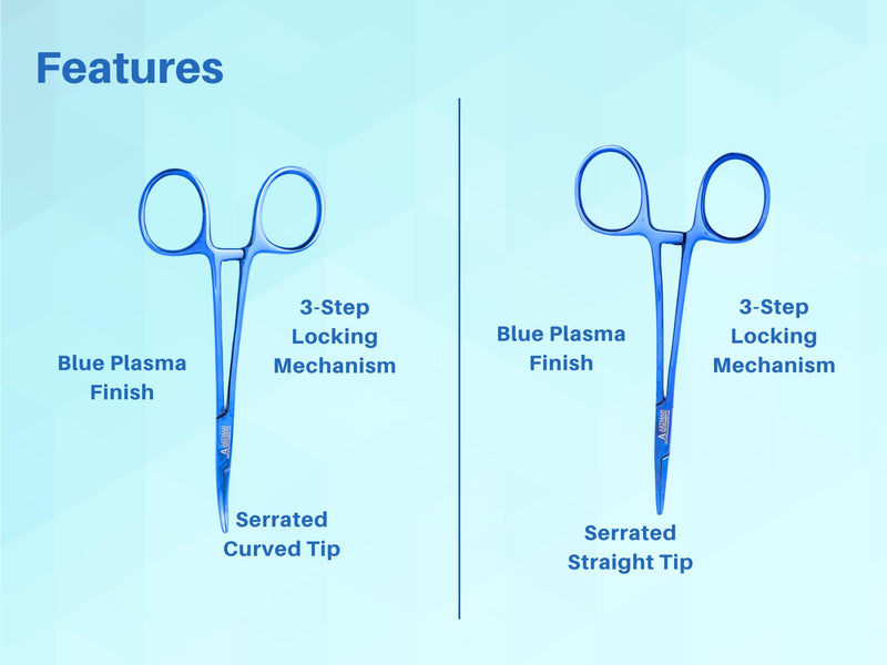 ARTMAN INSTRUMENTS Hemostat Forceps Curved & Straight 5” – Stainless Steel Locking Clamps for Fishing, Fly Tying, Crafts, Dental & Medical Use Serrated Jaws, Precision Grip Blue Plasma (2 Pack)