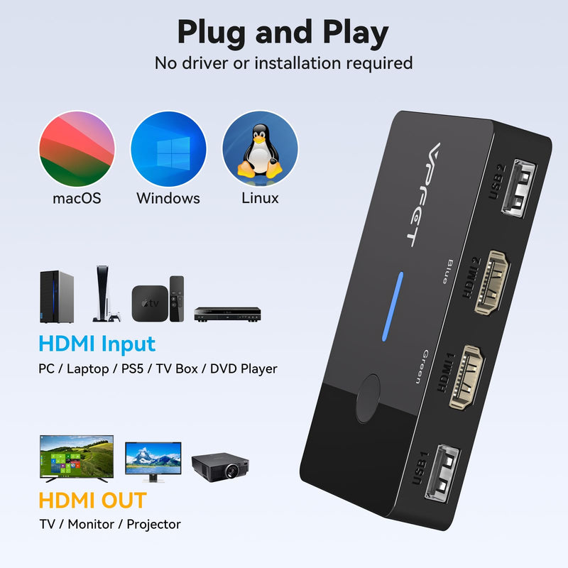 HDMI KVM Switch 1 Monitors 2 Computers 4K@60Hz USB KVM Switches 2 Ports for 2 PC Sharing Single Monitor and Keyboard Mouse with Wired Extend Controller Plug and Play Black