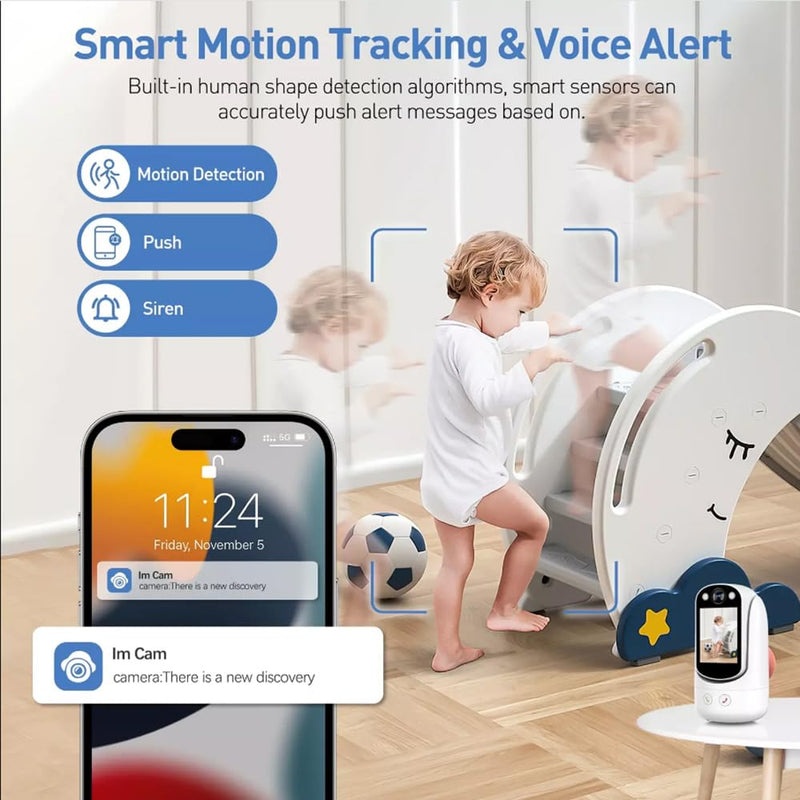 Video Call Security Camera Indoor, Nanny Camera Baby Camera Pet Camera,2-Way Video Call,2-Way Audio, 360°Pan/Tilt WiFi Camera for Home Security, Motion Tracking, 1080P 2.8 inch HD Screen,Night Vision White B