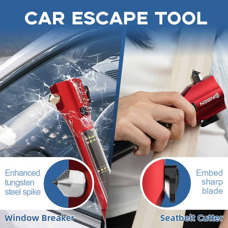 SINSEN Emergency Flashlight for Car, Seatbelt Cutter Window Breaker, 16-in-1 Multifunctional Safety Tool—Glass Hammer/Bright Solar Torch/Rechargeable/Rescue Alarm & Beacon/Repair Magnet Red 7.8in