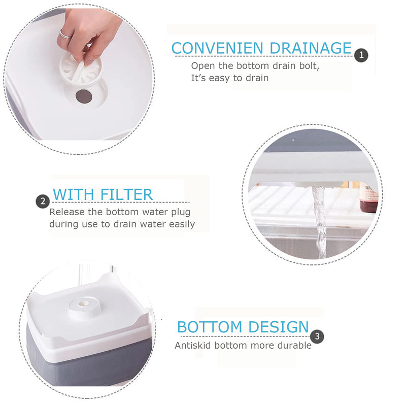Collapsible Wash Basin 9L, Foldable Dish Tub with Drain Plug, Portable Collapsible Dish Basin, Camping Sink for Washing Dishes, Laundry & Kitchen Use,Gray Gray