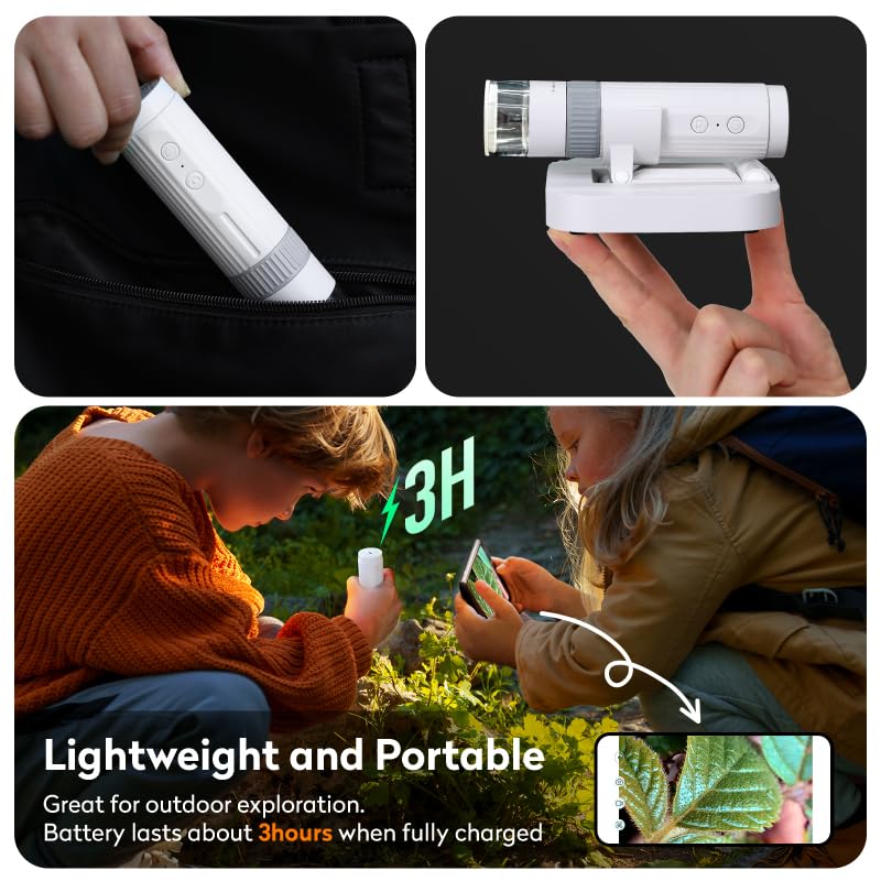 M2C Wireless Digital Microscope 50X-1000X Handheld Portable Microscope 1080P HD with Adjustable Stand, USB Coin Microscope Camera Magnifier Compatible with iPhone Android iPad & PC, White