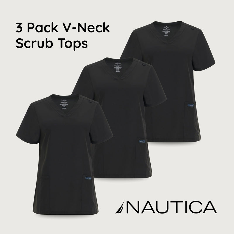 Nautica Womens Scrubs Tops, 3 Pack V-Neck Breathable Scrub Tops Women, 3 Pocket Stretch Fabric Scrubs for Women 3 Pack Blk/Blk/Blk Medium