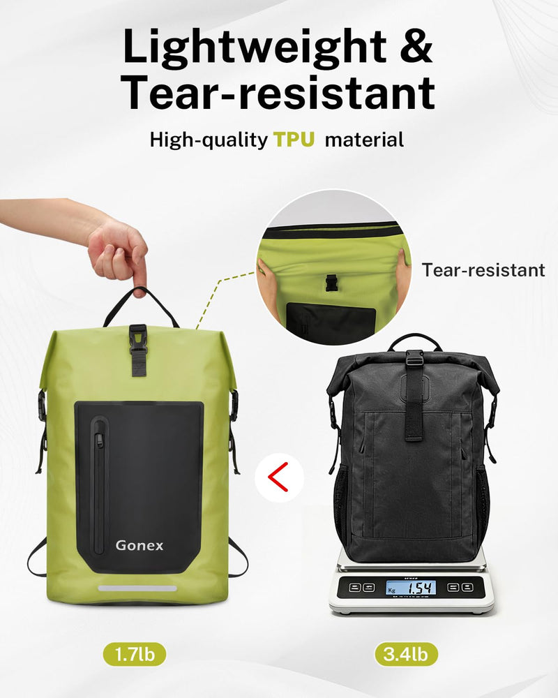 Gonex Waterproof Ultralight TPU Backpack 35L Roll Top Dry Bag, Kayaking | Back Padding, Camping, Fishing, Travel, Adjustable Straps, External & Internal Storage Pockets, Green