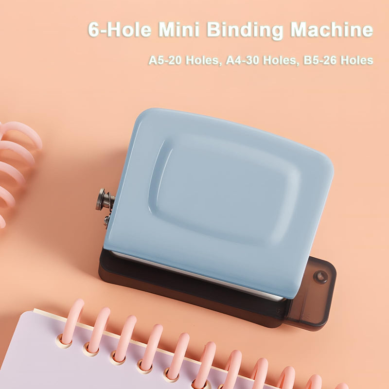 Spiral Binding Machine-Mini 6 Hole Puncher, DIY Creative Book Binder Machine for Planner, Portable A4/A5/B5 Book Loose Leaf Paper Puncher for Coil Bound- Blue Mini 6 Hole-blue