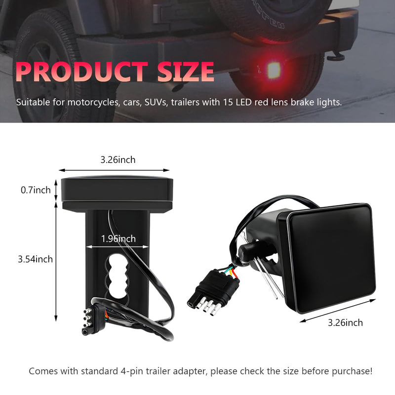 15 LED Brake Light Trailer Hitch Cover, Smoked Lens Square Brake Tail Light w/Trailer Adapter Pin, 12V Super Bright LED Towing Hitch Lighting Accessories Fit 2" Receiver (Black) Black