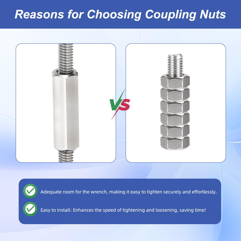 12Pcs Hex Coupling Nuts,1/2-13 UNC 40mm/1.57" Length, 304 SS | Rod Coupling Nut, for Threaded Rods & Studs 12 1/2"-13 x 40mm