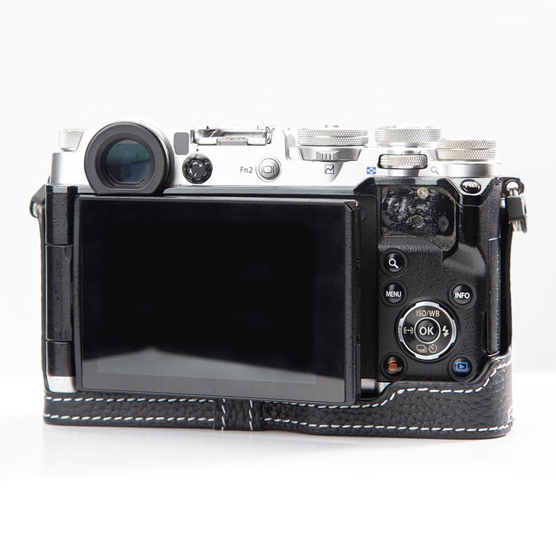 Leather Vintage Half-Wrap Camera Protection case, Handcrafted Camera case, Suitable for Olympus Pen-F M43 (Black) Black