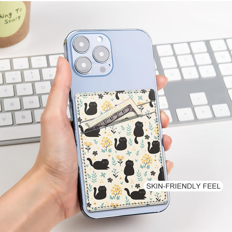 Phone Card Holder, Dual Pocket Leather Phone Wallet Adhesive Stick On, Cute Card Holder, Credit Card Holder for Phone Case Compatible with Most Phone（Cute Cat Cute Cat