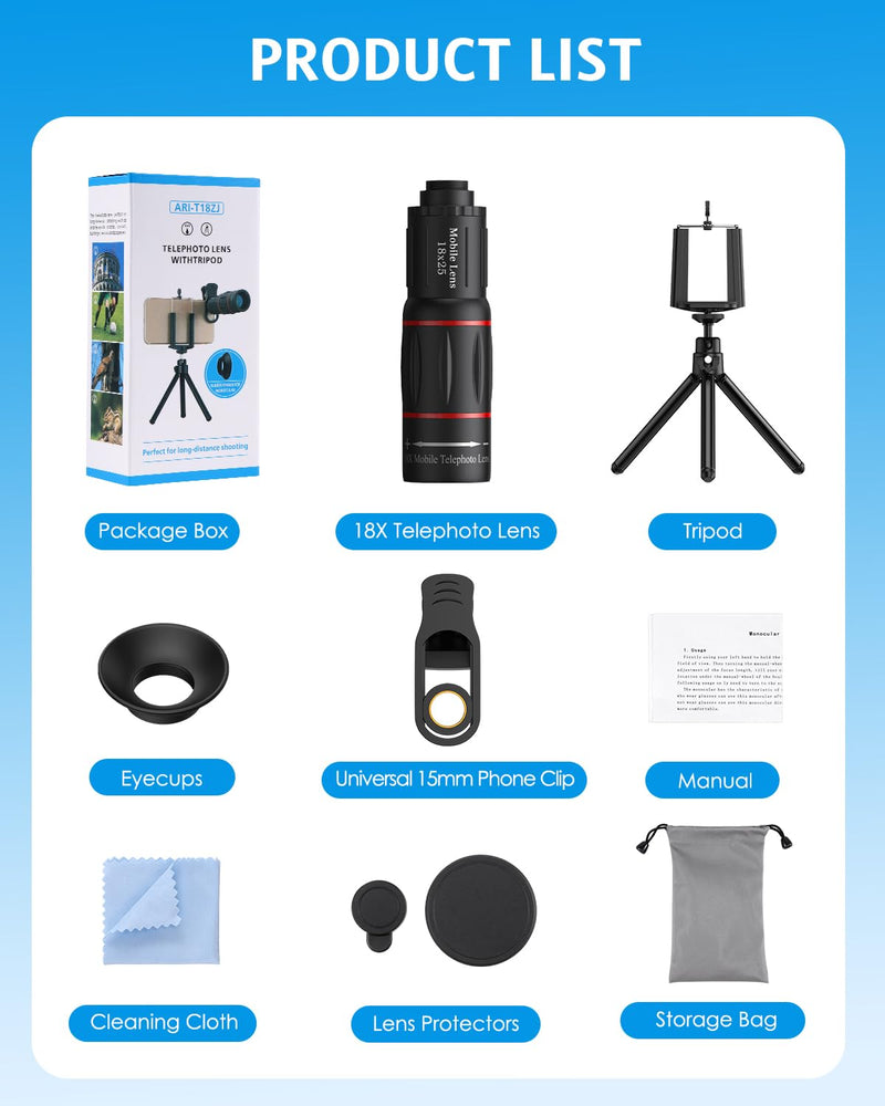 AMIR 18X Telephoto Lens, High Power Phone Camera Lens with Tripod, HD Monocular Telescope Attachment for Samsung, Android & iPhone, Smartphones