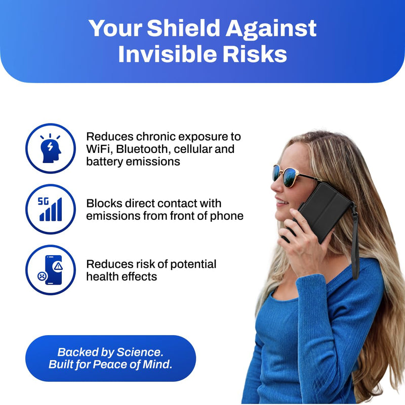 DefenderShield Universal E M F Blocker for Cell Phone Cover - Slim & Lightweight Full-Spectrum Radiation Blocker for Cell Phone to Reduce Wireless Signals & Battery Emissions from Direct Body Contact Black Standard