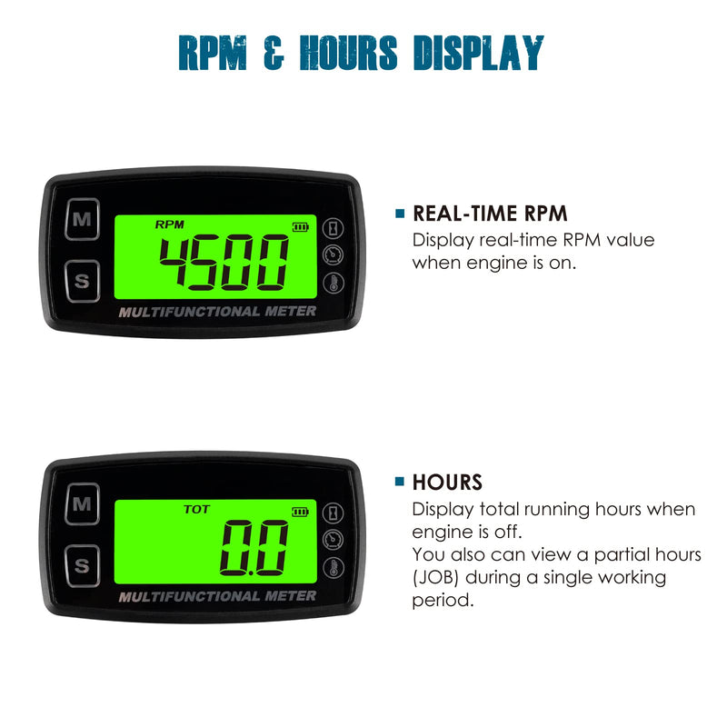 Runleader Digital Oil Water Temperature Gauge,Real-time RPM Display,Alert Temperature&RPM,Working Hours Tracking for Lawn Mower Generator Dirtbike Paramotor Outboard Motor Scooter Compressor.