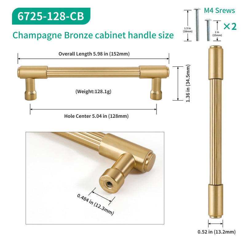 5 in (128 mm) Champagne Bronze Cabinet Pulls, 6 Pack, Zinc Alloy Kitchen Cabinet Handles for Kitchen Cabinets, Drawers and Dressers 5"(128MM) Hole Centers