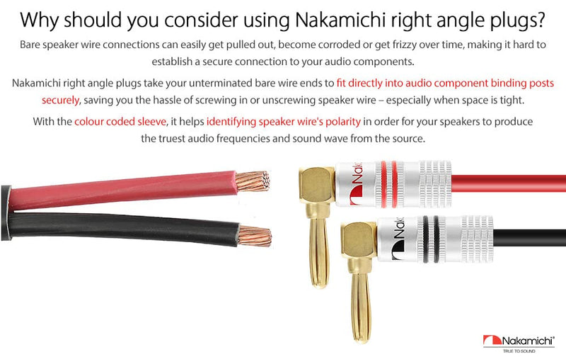 Nakamichi Excel Series 24k Gold Plated Right Angle Banana Plug 12-18 AWG Gauge Size 4mm for Speakers Amplifier Hi-Fi AV Stereo Home Theatre Audio Wire Cable Screw Connector, 4 Pcs (2-Pairs) 4 Pcs (2-Pairs)