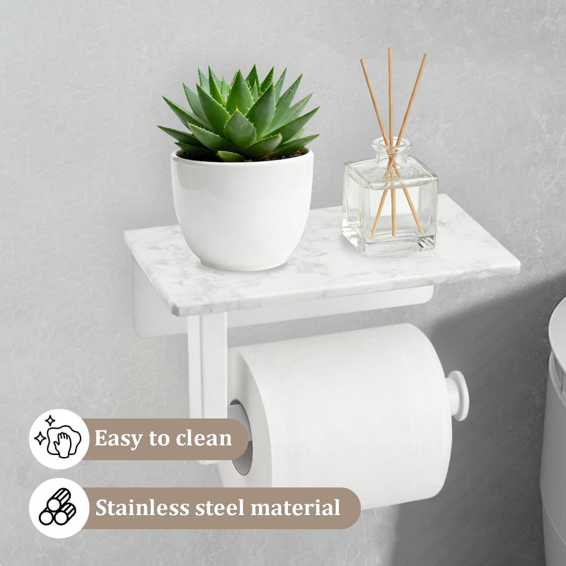 Toilet Paper Holder with Natural Marble Shelf, Wall Mounted Tissue Holder, Modern and Durable Bathroom Accessory for Bathroom Washroom (White) White