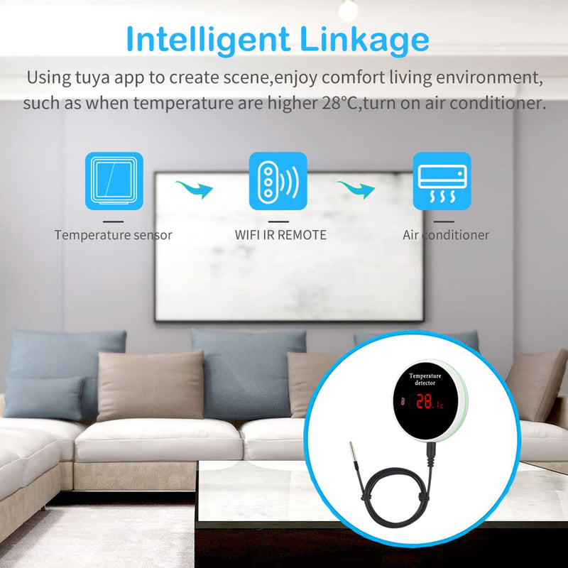 WiFi Smart Thermometer: WiFi Temperature Sensor with 1M Waterproof External Probe, App Alert & Buzzer Alarm, Digital Remote Temperature Gauge for Refrigerator, Fish Tank, Pet
