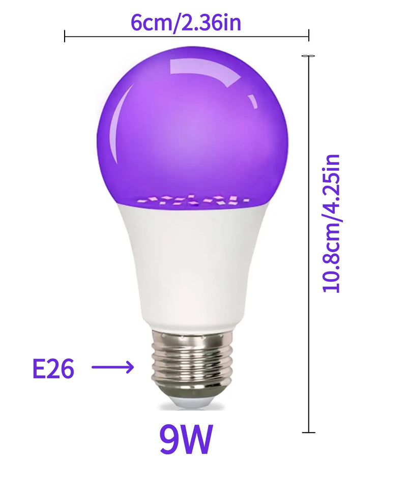 8-Pack LED Black Bulb, A19, UVA 385-400NM, 9W (100W Equivalent), E26 Head, Non-Dimmable, for Halloween Decorations, Glow Parties, Fluorescent Posters 8 Pack