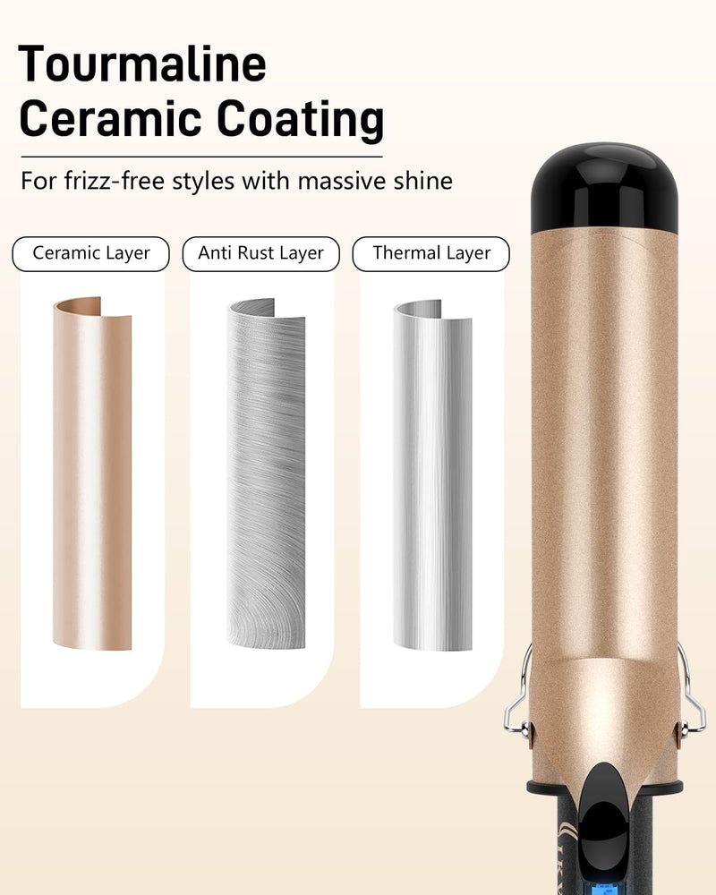 50mm Extra Large Curling Tong Long Barrel,Dual Voltage 100-240V,Beach Waves | Extra Large Curling Iron 50mm for Long Hair,Long Barrel Curling Wand 2 inch Ceramic Tourmaline,110-210°C,Auto Shut Off