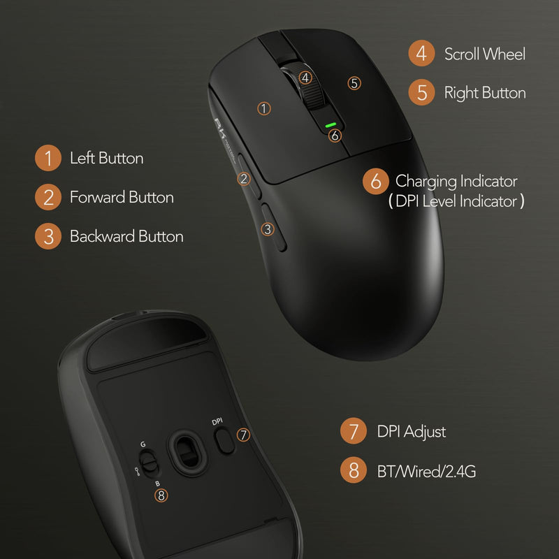 RK ROYAL KLUDGE MO3 Wireless Gaming Mouse, 48g Lightweight PC Mice, Black | Bluetooth/2.4G/Wired Rechargeable Computer Mouse, 5 Programmable Buttons, Gaming Sensor, 6000 DPI, Online Software on Win/Mac
