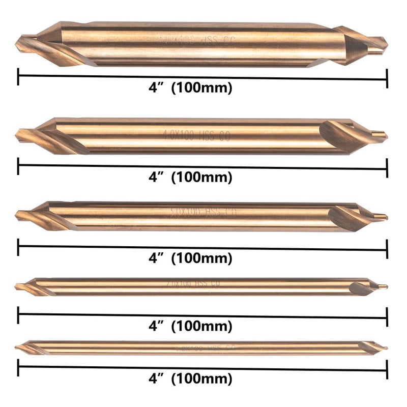 5PCS Cobalt Long Center Drill Bits Set, M35 High Speed Steel 60-Degree Angle 4" Overall Length Center Drill Bits Kit Countersink Tools for Lathe Metalworking Size 1.0 2.0 3.0 4.0 5.0 5PCS(1.0-5.0)