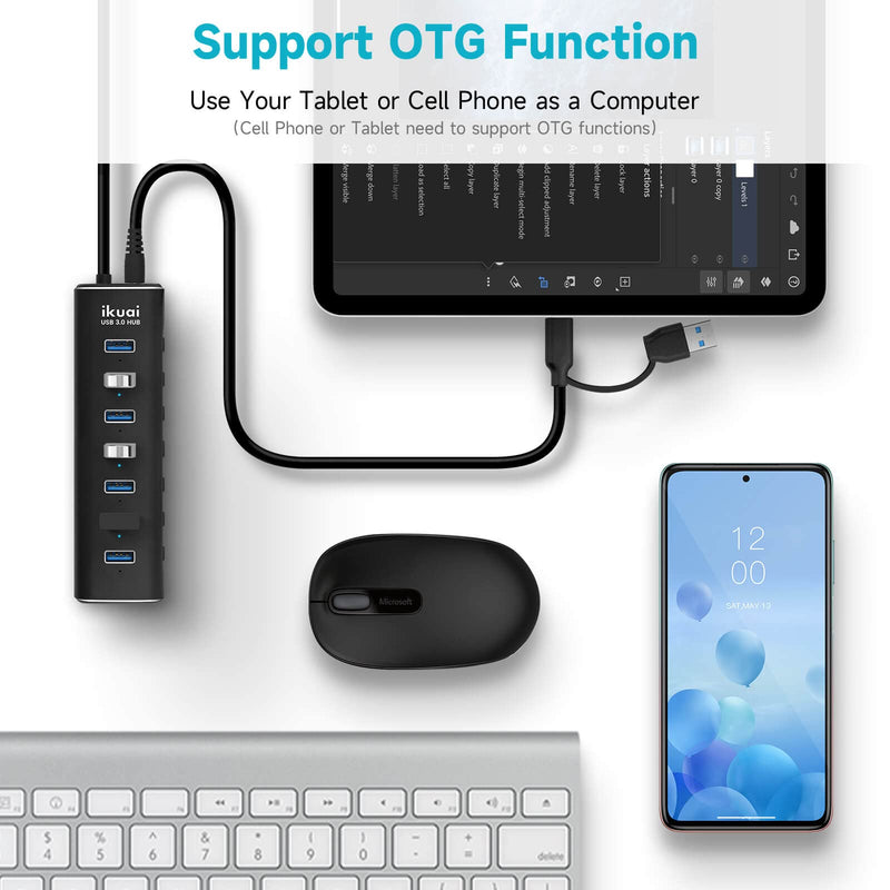 Powered USB 3.0 /USB C Hub, ikuai Aluminium 7-Port USB Hub Splitter with AC Adapter LED Individual On/Off Switches and 3.3ft Extended Long Cable for Laptop, Mac, PC, Flash Drive, Mobile HDD