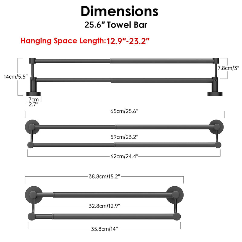 BESy Adjustable 16-26 Inches Double Bath Towel Bar for Bathroom SUS304 Stainless Steel Towel Holder, Hotel Style Wall Mount with Screws Hand Towel Bar Towel Rack Rod Hanger, Matte Black Finish