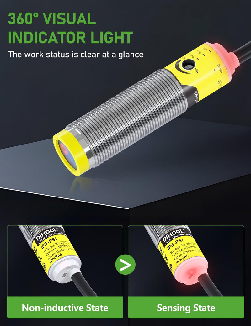 DIHOOL Photoelectric Proximity Sensor, Laser Motion Switch,IP65 Waterproof, Normally Open NPN NO, M16, 3 Wires,12V/24V Input(10-30VDC), Detection Distance Adjustable from 3cm to 80cm