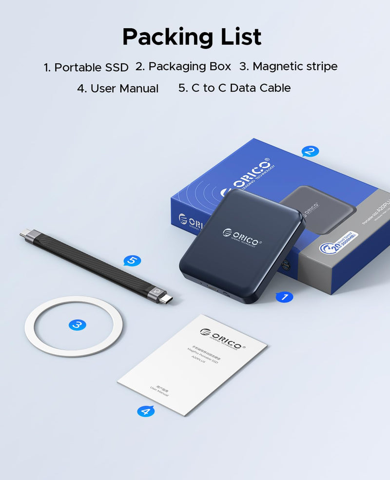 ORICO 512 GB Magnetic External SSD, 4K ProRes HDR Record and Store, USB3.1 Gen2(1000MB/s), USB3.2 Gen2*2(2000MB/s), Portable Solid State Drive, Compatible with USB-C Smartphone, Computer - A20PLUS