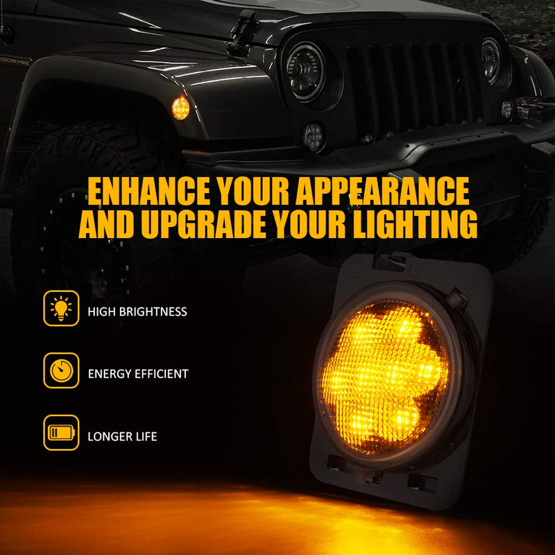 Xprite LED Turn Signal Lights w/White DRL Halo, Smoked Lens Fender Side Marker Lights Indicator Lamp Compatible with 2007-2018 Jeep Wrangler JK & Wrangler Unlimited Smoke Lens w/ Halo