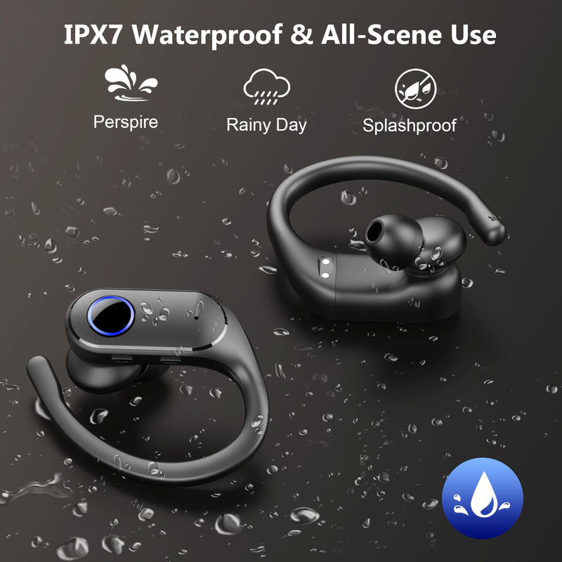 Active Noise Cancelling Ear Buds Wireless Earbuds Dual Battery Display, Bluetooth Headphones with Deep Bass, IPX7 Waterproof, Ultra Light Comfort Wear, Sports Earphones for Running Workout Gym Black Jet Black