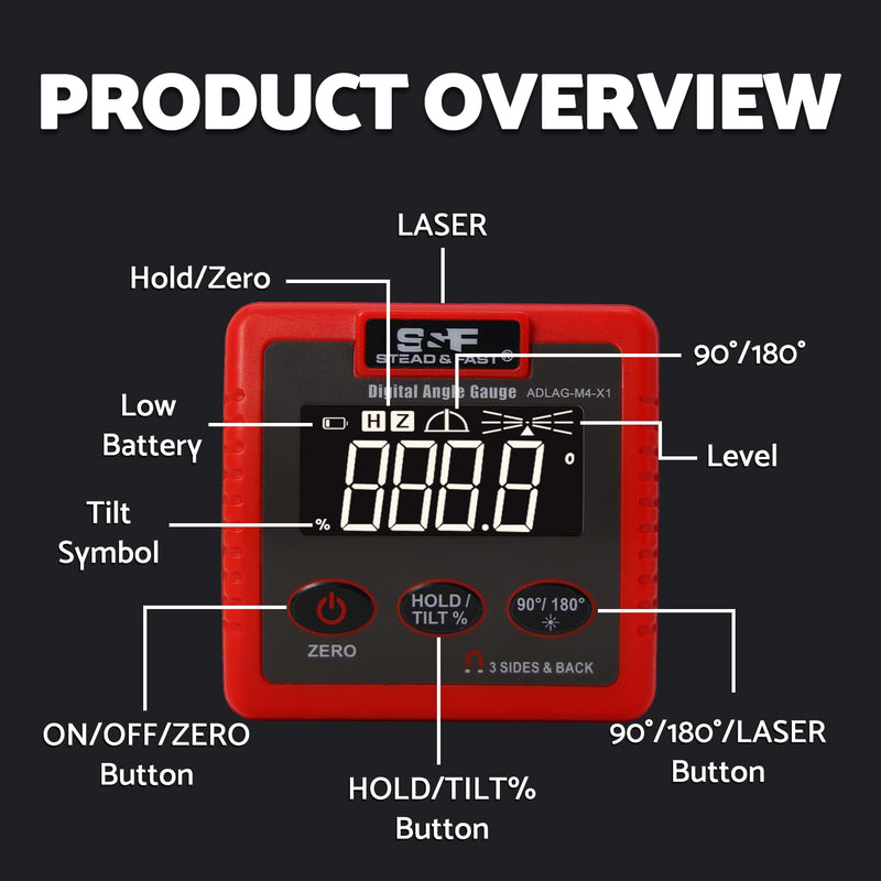 S&F STEAD & FAST Digital Angle Finder Magnetic with Extra Large LCD Display | 4-Sided Strong Magnet, V-GROOVE, Adjustable auto power-off, Auto‑invert display, Laser, Case, for Table Saw & Electrical Work